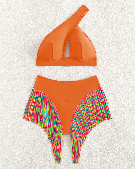 Women's Solid Color Tassel Trim Bikini Set