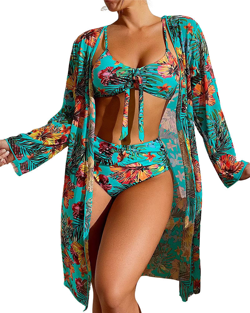 Long-sleeved blouse split three-piece swimsuit print sexy swimsuit new bikini - Yeahcir