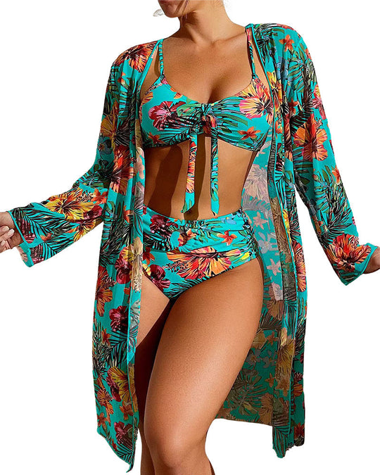 Long-sleeved blouse split three-piece swimsuit print sexy swimsuit new bikini - Yeahcir
