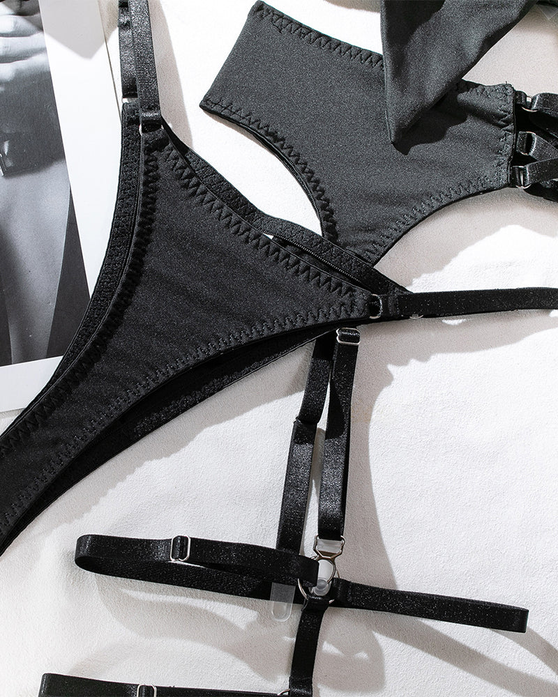 Women's Sexy Hollow Bowknot Strap Lingerie 5 Set - Yeahcir