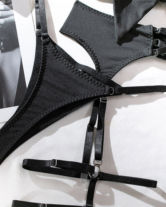 Women's Sexy Hollow Bowknot Strap Lingerie 5 Set - Yeahcir