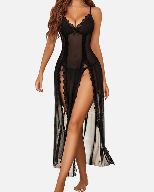 Sexy Mesh V Neck Side Split Nightdress - Yeahcir