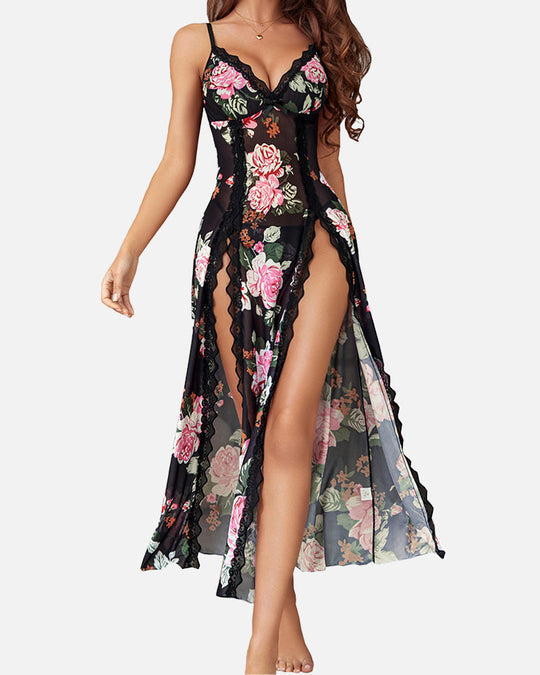 Sexy Mesh V Neck Side Split Nightdress - Yeahcir