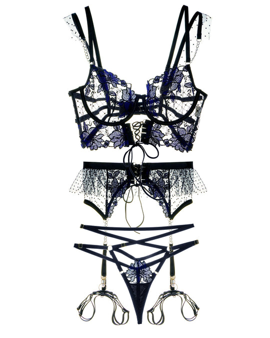 Black&Blue Lace Tie Adjustable Sculpting Body Lingerie Set - Yeahcir