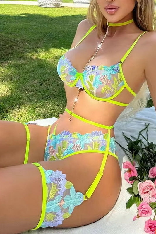 Bountiful Bouquet Green Gartered Lingerie Bra Set - Yeahcir