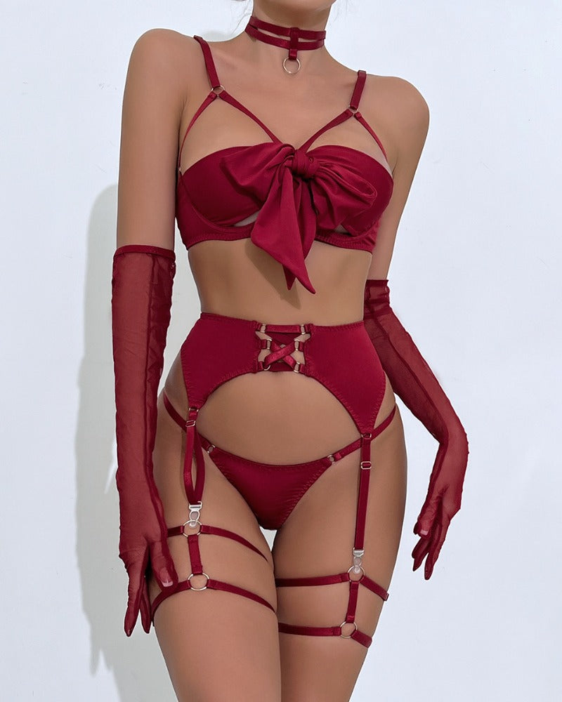 Women's Sexy Hollow Bowknot Strap Lingerie 5 Set - Yeahcir
