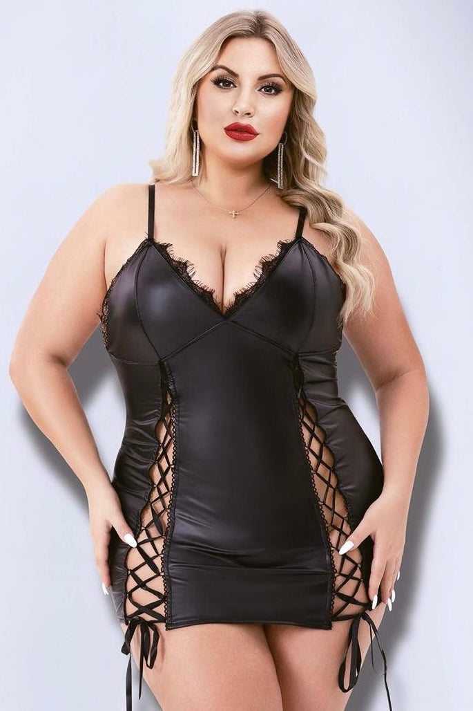 lace-up wetlook mini dress - Yeahcir