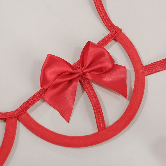 Red Satin Bow Affair Cupless Bra Lingerie Set - Yeahcir