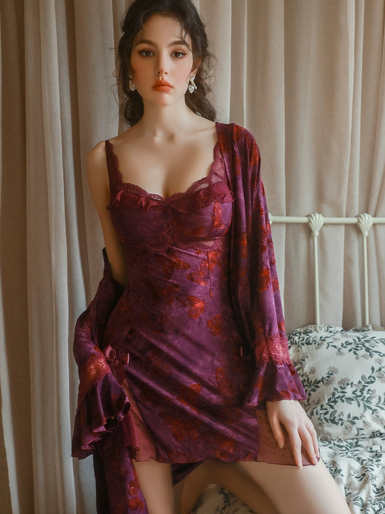 Sweet Flare · Butterfly Print Backless Sleep Dress Set - Yeahcir