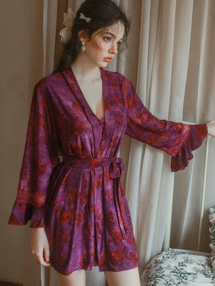 Sweet Flare · Butterfly Print Backless Sleep Dress Set - Yeahcir
