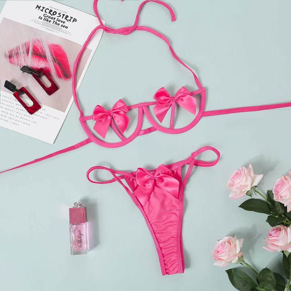 Red Satin Bow Affair Cupless Bra Lingerie Set - Yeahcir