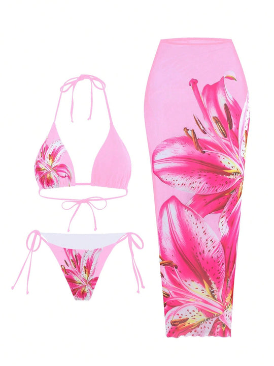 Women's Floral Print Halter Bikini Set - Yeahcir