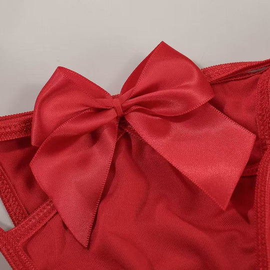 Red Satin Bow Affair Cupless Bra Lingerie Set - Yeahcir
