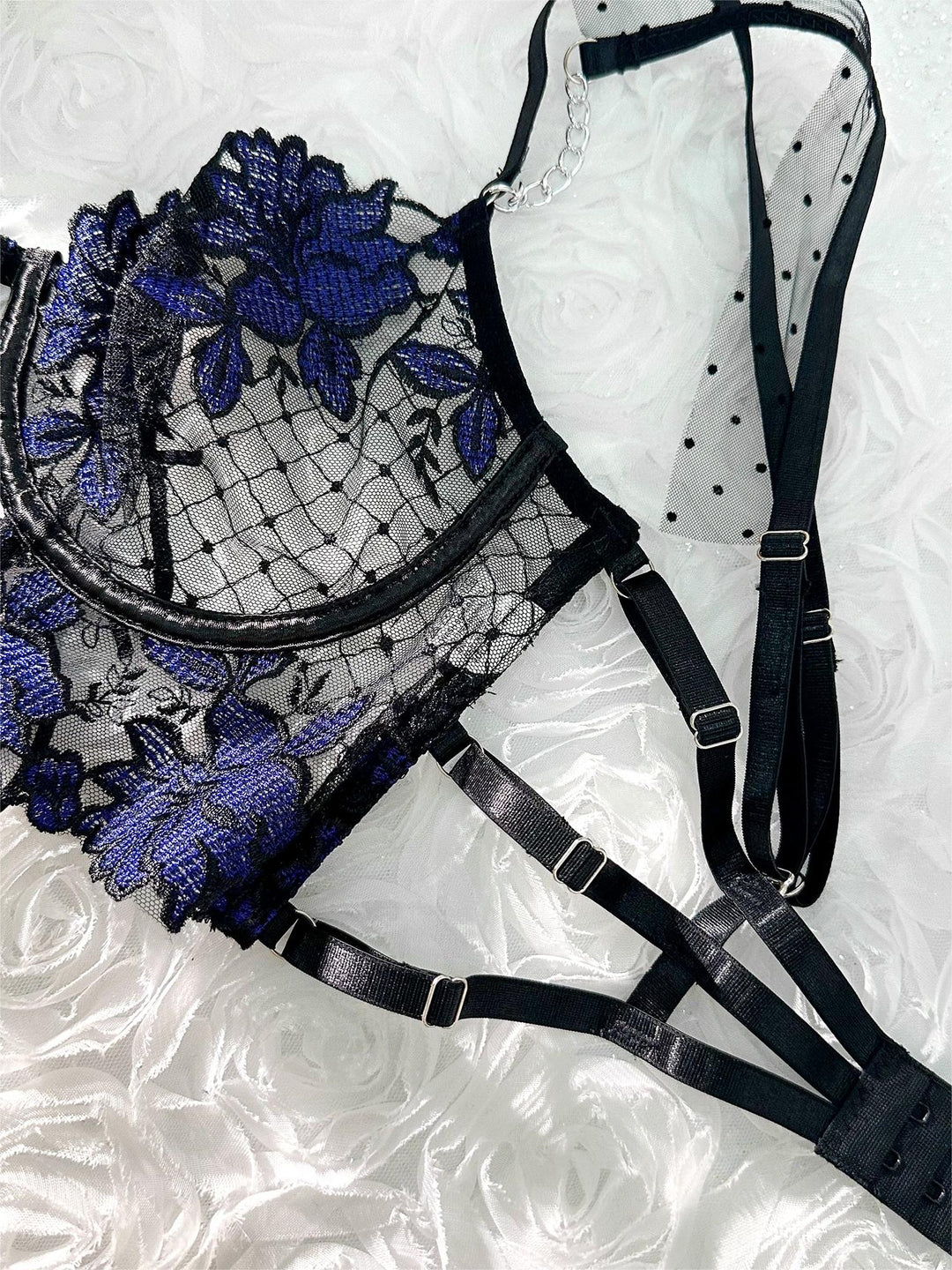 Black&Blue Lace Tie Adjustable Sculpting Body Lingerie Set - Yeahcir