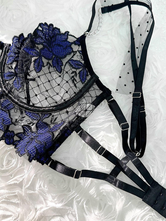 Black&Blue Lace Tie Adjustable Sculpting Body Lingerie Set - Yeahcir