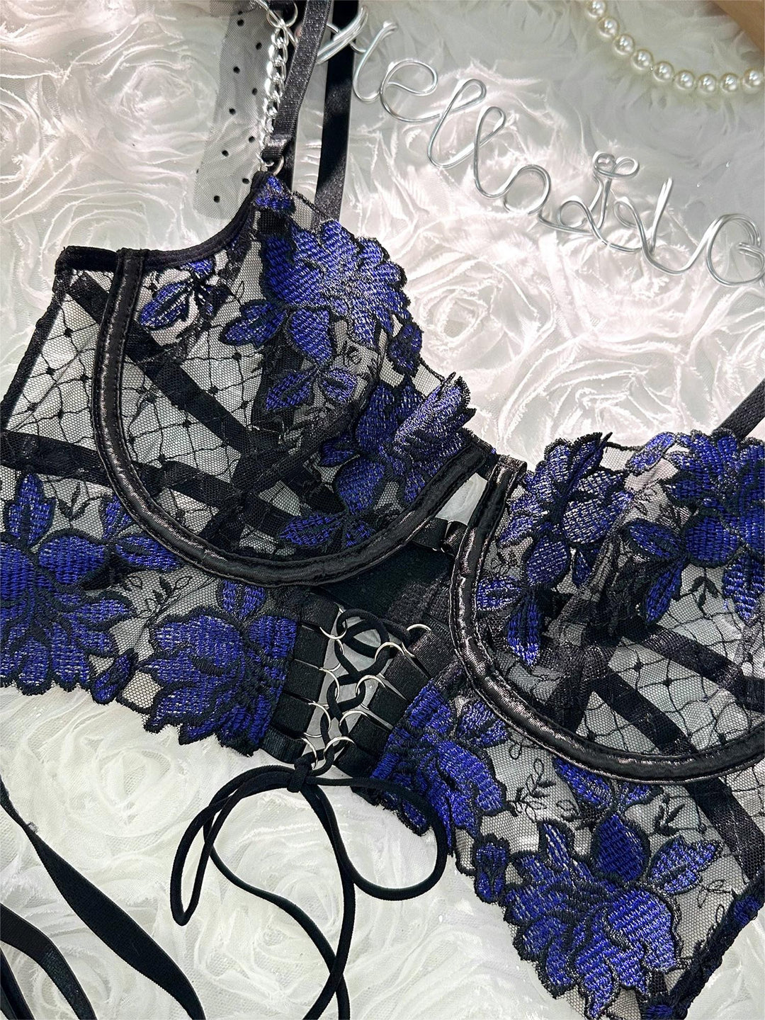 Black&Blue Lace Tie Adjustable Sculpting Body Lingerie Set - Yeahcir