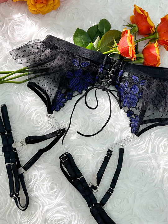 Black&Blue Lace Tie Adjustable Sculpting Body Lingerie Set - Yeahcir