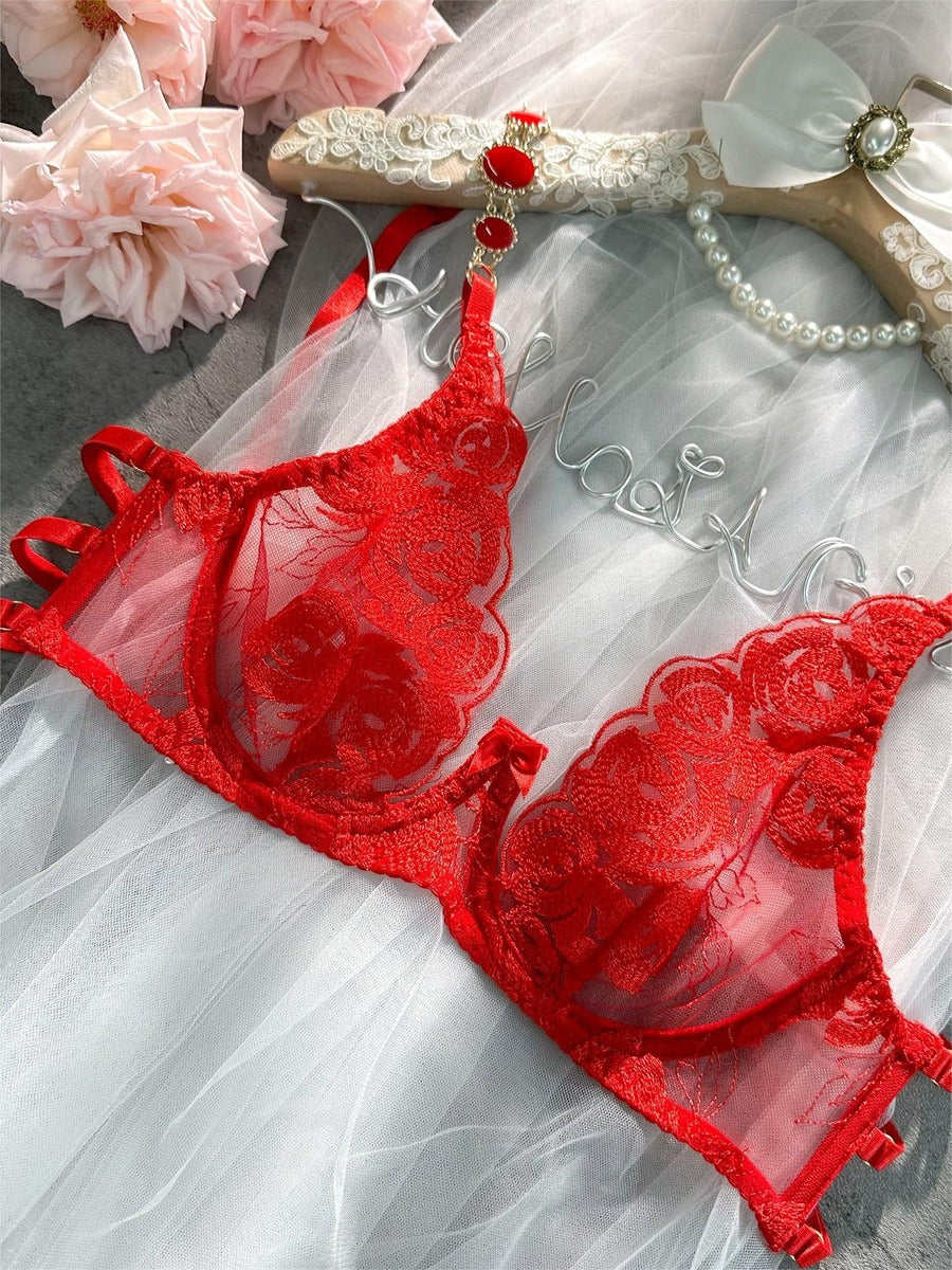 Red Embroidered Sexy Push Up Lingerie Set - Yeahcir