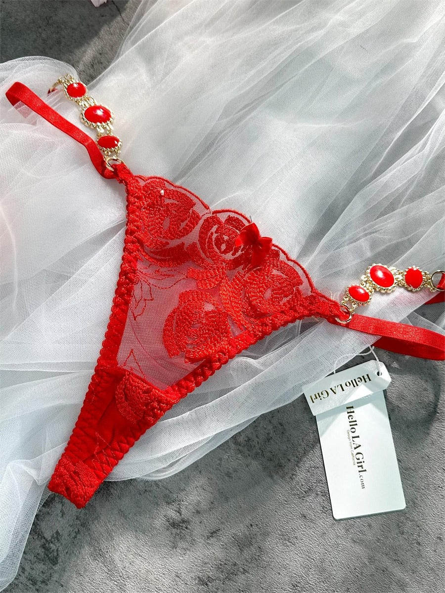 Red Embroidered Sexy Push Up Lingerie Set - Yeahcir