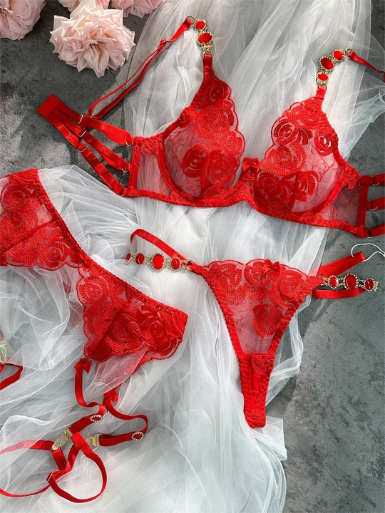 Red Embroidered Sexy Push Up Lingerie Set - Yeahcir