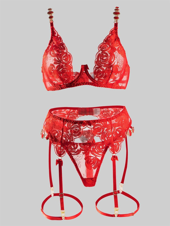 Red Embroidered Sexy Push Up Lingerie Set - Yeahcir