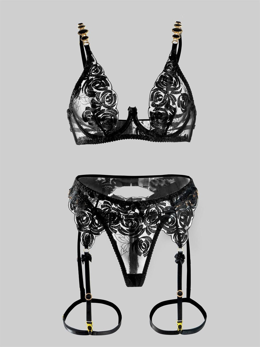 Black Embroidered Sexy Push Up Lingerie Set - Yeahcir