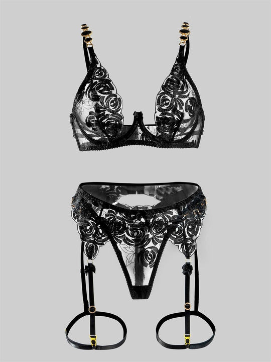 Black Embroidered Sexy Push Up Lingerie Set - Yeahcir