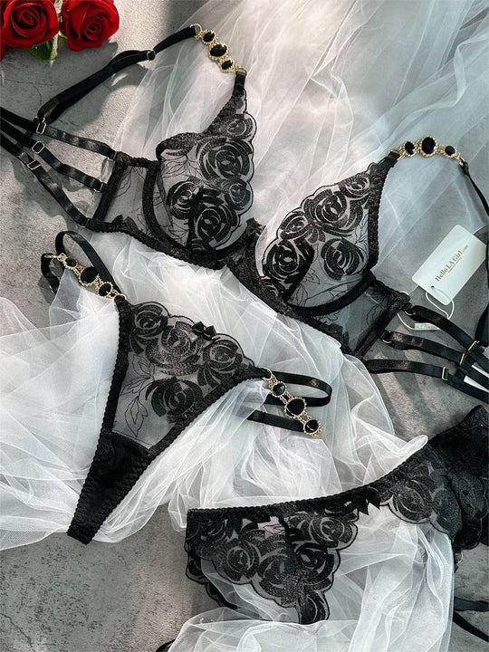 Black Embroidered Sexy Push Up Lingerie Set - Yeahcir
