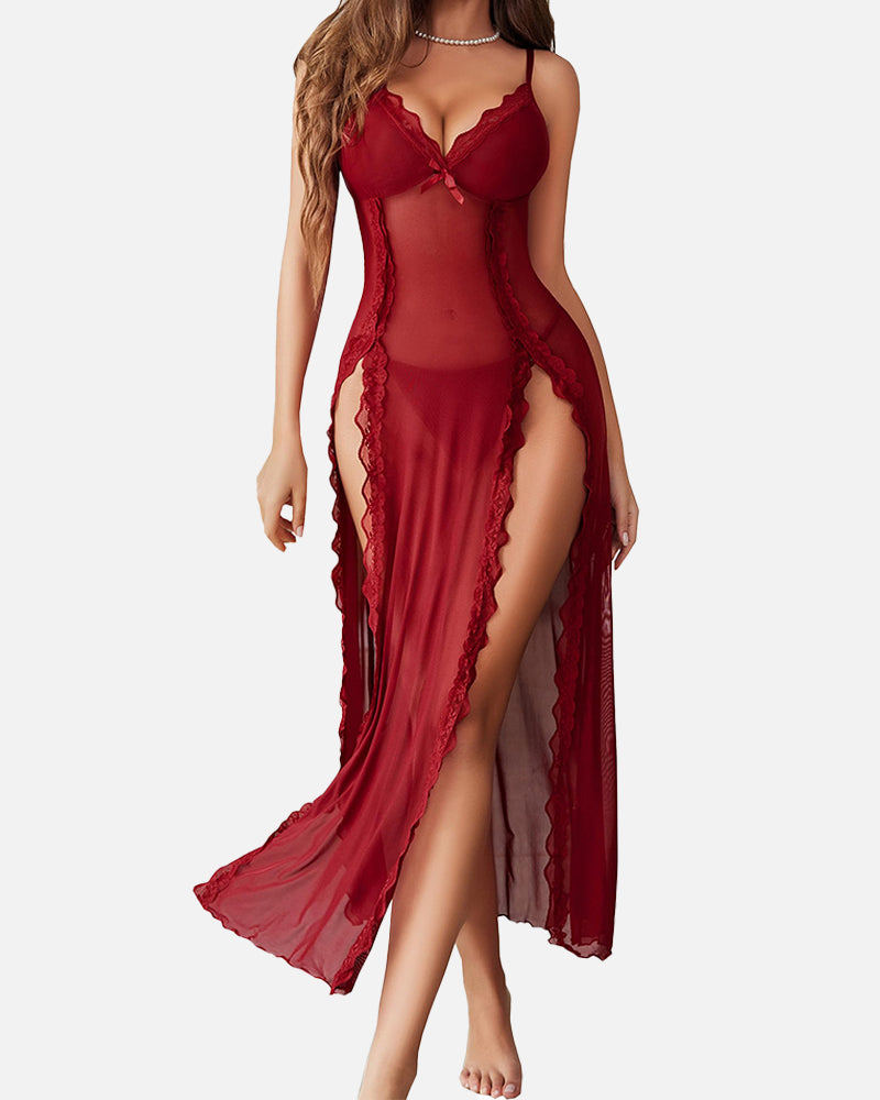 Sexy Mesh V Neck Side Split Nightdress - Yeahcir