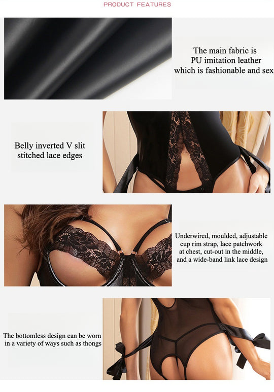 Black Hollow Lace PU Strap Panties - Yeahcir