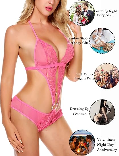 Deep V Lingerie Lace Teddy One Piece Babydoll Mini Bodysuit - Yeahcir