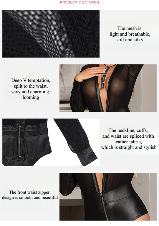V-Neck Bodysuit Long-Sleeve - Yeahcir